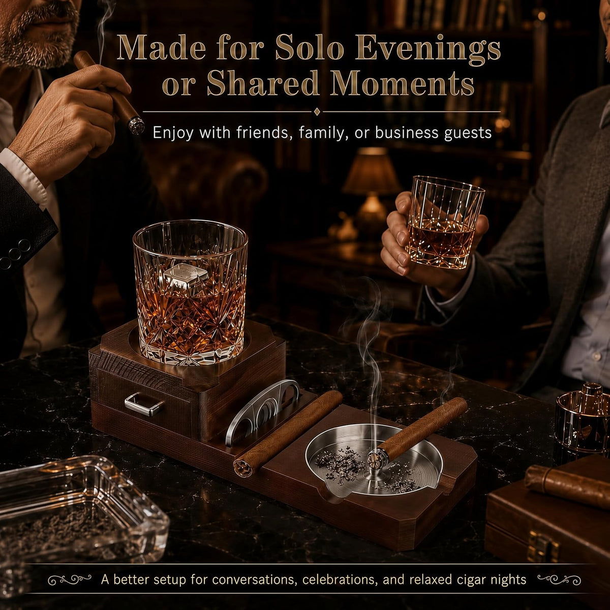 Cigar Ashtrays, Whiskey Glass Tray and Wooden Ash Tray Detachable Outdoor Ashtray for Cigarettes, Gift Set with Cigar Cutter, Great Decor for Home Office Gifts for Men