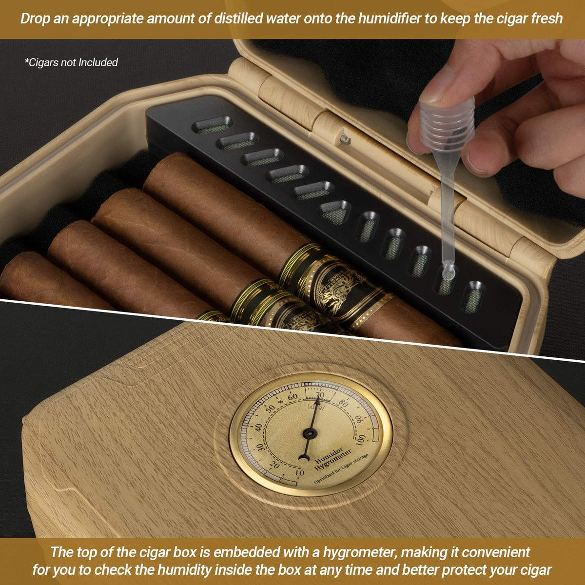Travel Cigar Humidor Case - Cedar Lined, V Cut Cutter, Portable Humidor with Humidifier & Hygrometer, Holds 7-9 Cigars, Includes Lighter - Gift Set
