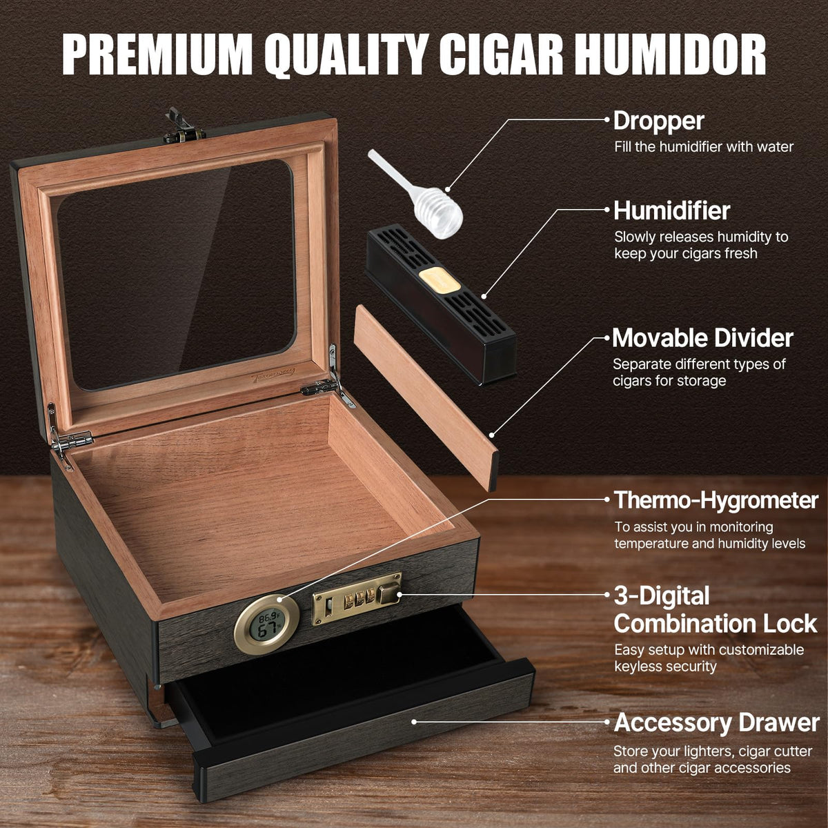 Tesonway Cigar Humidor, Cedar Wood Humidor Cigar Box, Glass Top Desktop Humidor with Front Hygrometer, Humidifier, Divider, Accessories Drawer and Combination Lock, Cigar Gifts for Men (Brown)