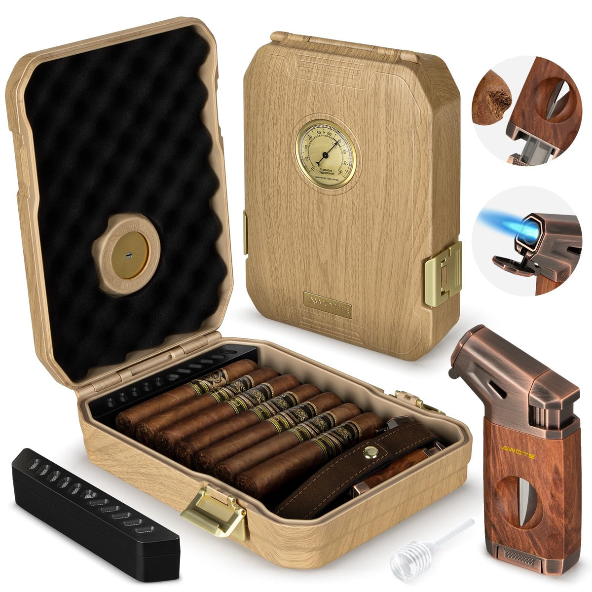 Travel Cigar Humidor Case - Cedar Lined, V Cut Cutter, Portable Humidor with Humidifier & Hygrometer, Holds 7-9 Cigars, Includes Lighter - Gift Set