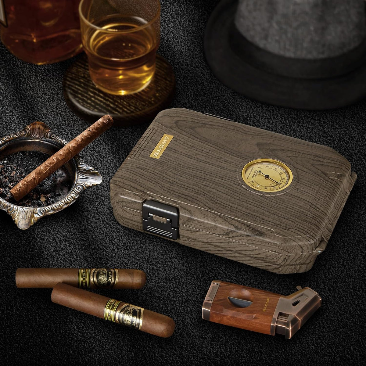 Travel Cigar Humidor Case - Cedar Lined, V Cut Cutter, Portable Humidor with Humidifier & Hygrometer, Holds 7-9 Cigars, Includes Lighter - Gift Set