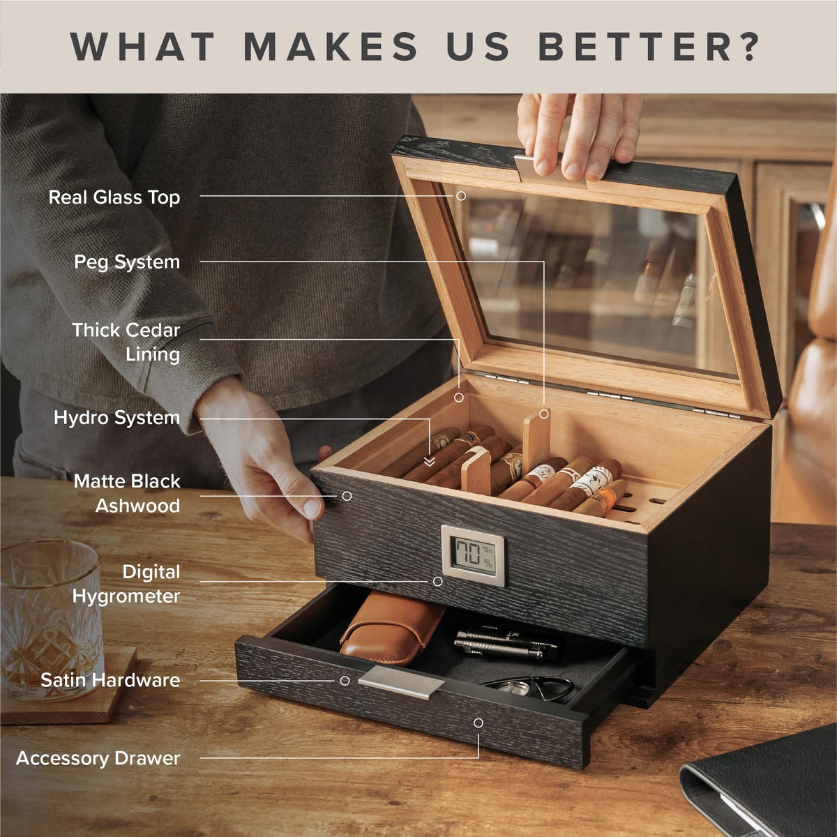 CASE ELEGANCE Renzo Glass Top Cigar Humidor with Cedar - Brown