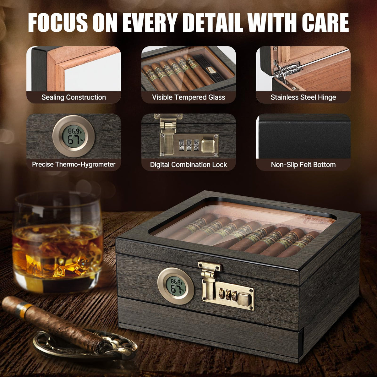 Tesonway Cigar Humidor, Cedar Wood Humidor Cigar Box, Glass Top Desktop Humidor with Front Hygrometer, Humidifier, Divider, Accessories Drawer and Combination Lock, Cigar Gifts for Men (Brown)