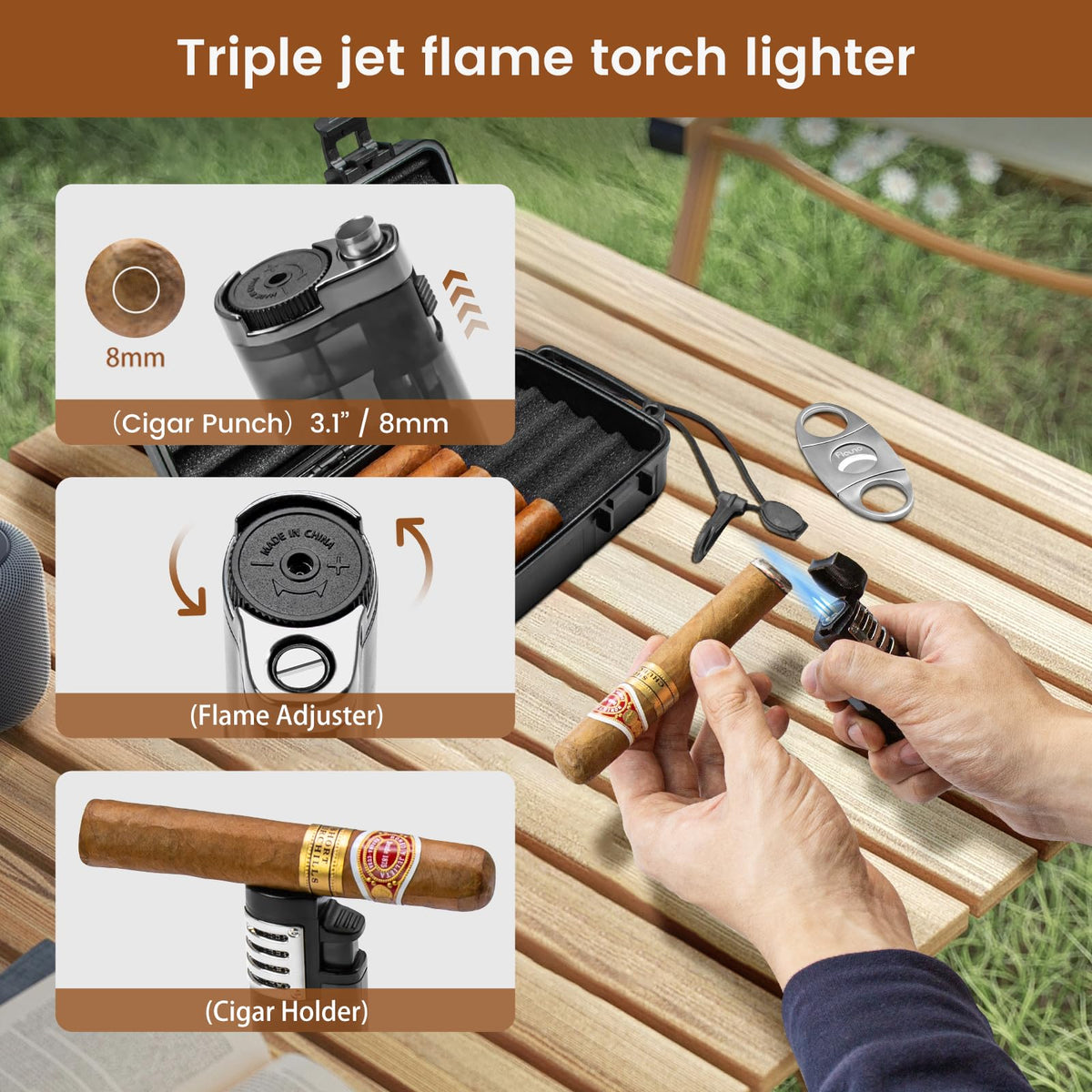Flauno Travel Cigar Humidor Case - Portable Cigar Box with Humidifier Disc & Cigar Cutter | Waterproof | Crushproof | Airtight | Durable (Holds up to 5 Cigars)