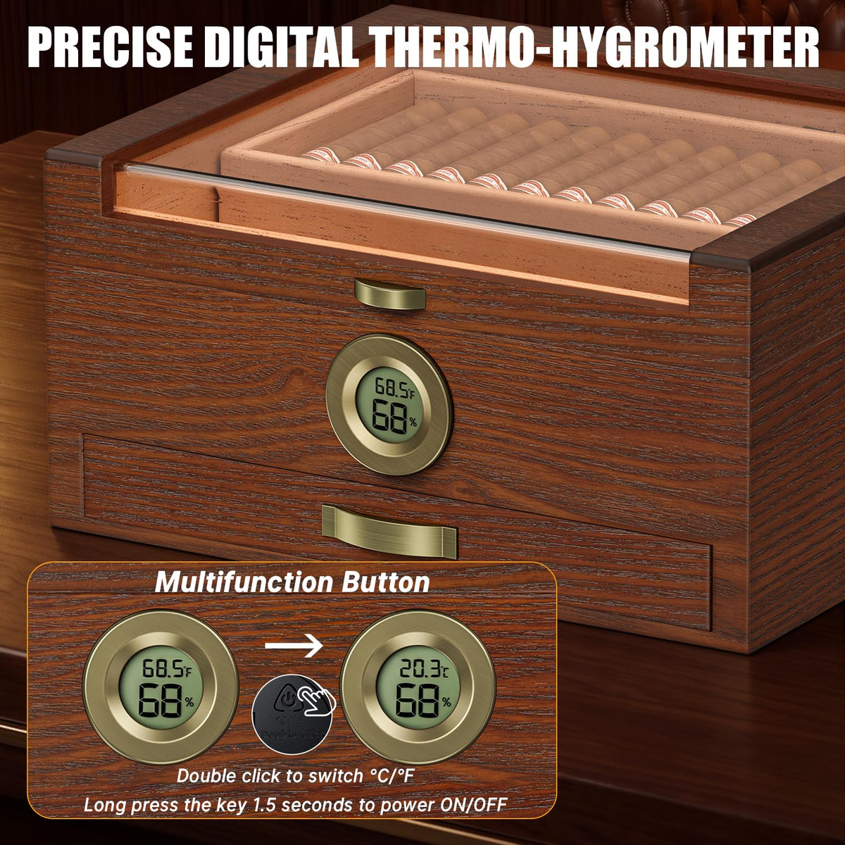 Tesonway Cigar Humidor, Cedar Wood Humidor Cigar Box, Glass Top Desktop Humidor with Front Hygrometer, Humidifier, Divider, Accessories Drawer and Combination Lock, Cigar Gifts for Men (Brown)