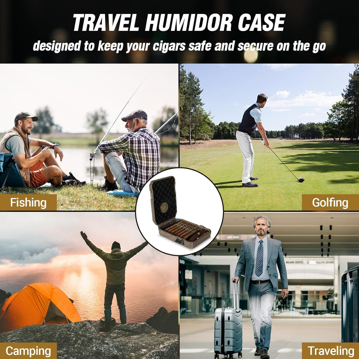 Travel Cigar Humidor Case - Cedar Lined, V Cut Cutter, Portable Humidor with Humidifier & Hygrometer, Holds 7-9 Cigars, Includes Lighter - Gift Set
