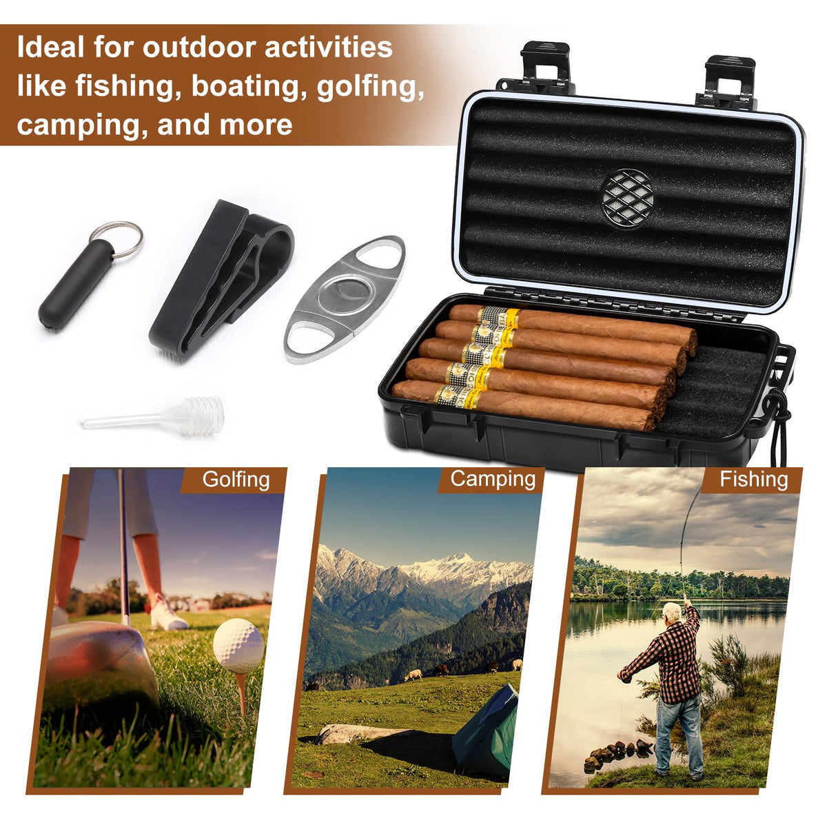 Flauno Travel Cigar Humidor Case - Portable Cigar Box with Humidifier Disc & Cigar Cutter | Waterproof | Crushproof | Airtight | Durable (Holds up to 5 Cigars)