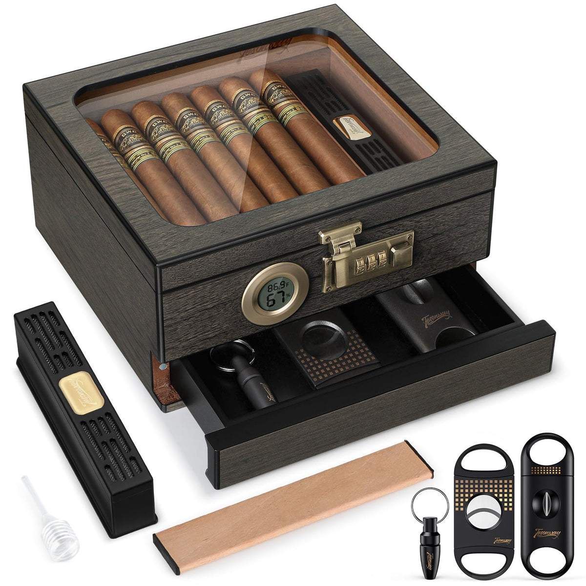 Tesonway Cigar Humidor, Cedar Wood Humidor Cigar Box, Glass Top Desktop Humidor with Front Hygrometer, Humidifier, Divider, Accessories Drawer and Combination Lock, Cigar Gifts for Men (Brown)