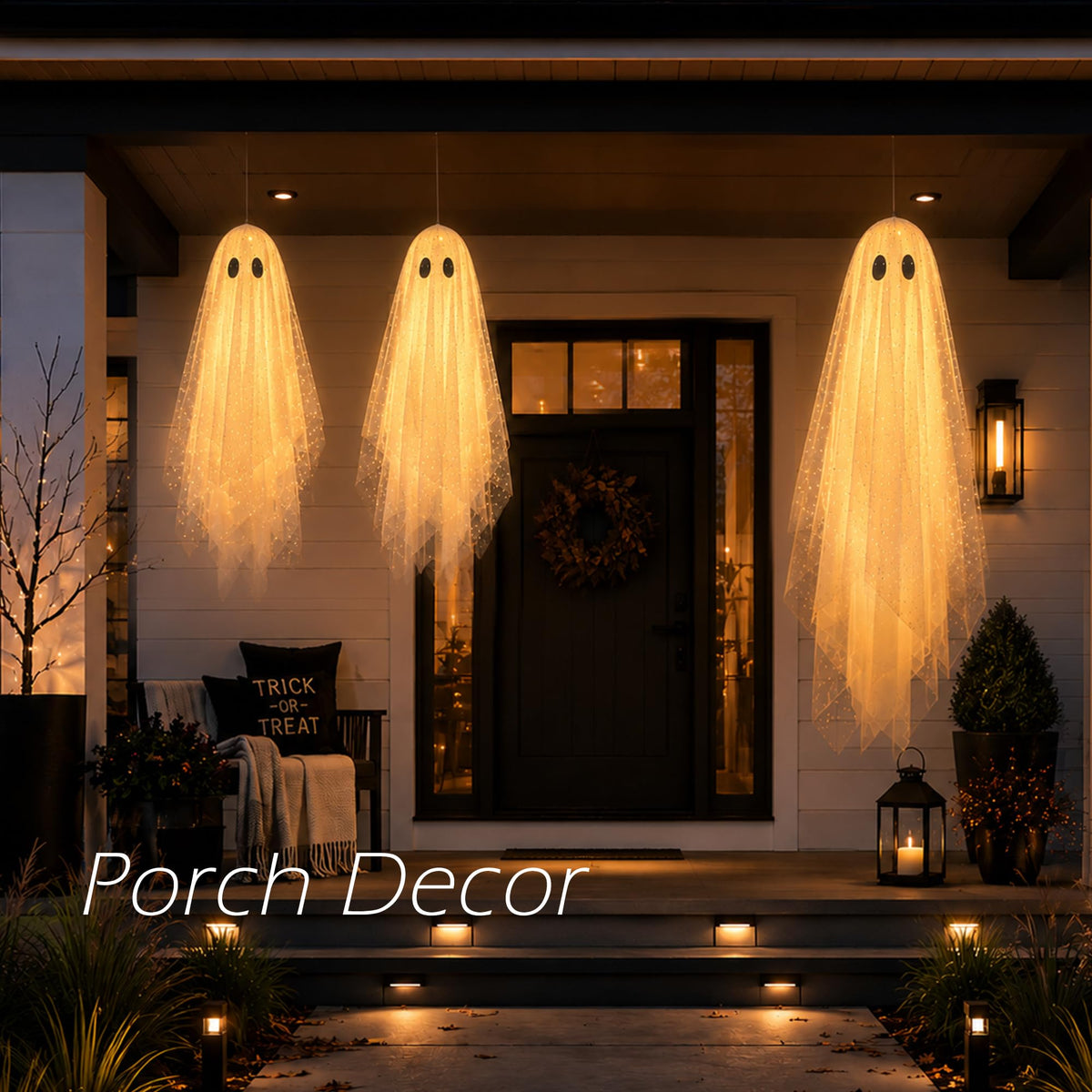 2Packs Halloween Decorations Outdoor,Halloweens Party Decoration Indoor,59in Spooky Ghost with Remote Control String Lights,Halloween-Ghost Lights for Porches Yards Gardens Lawn