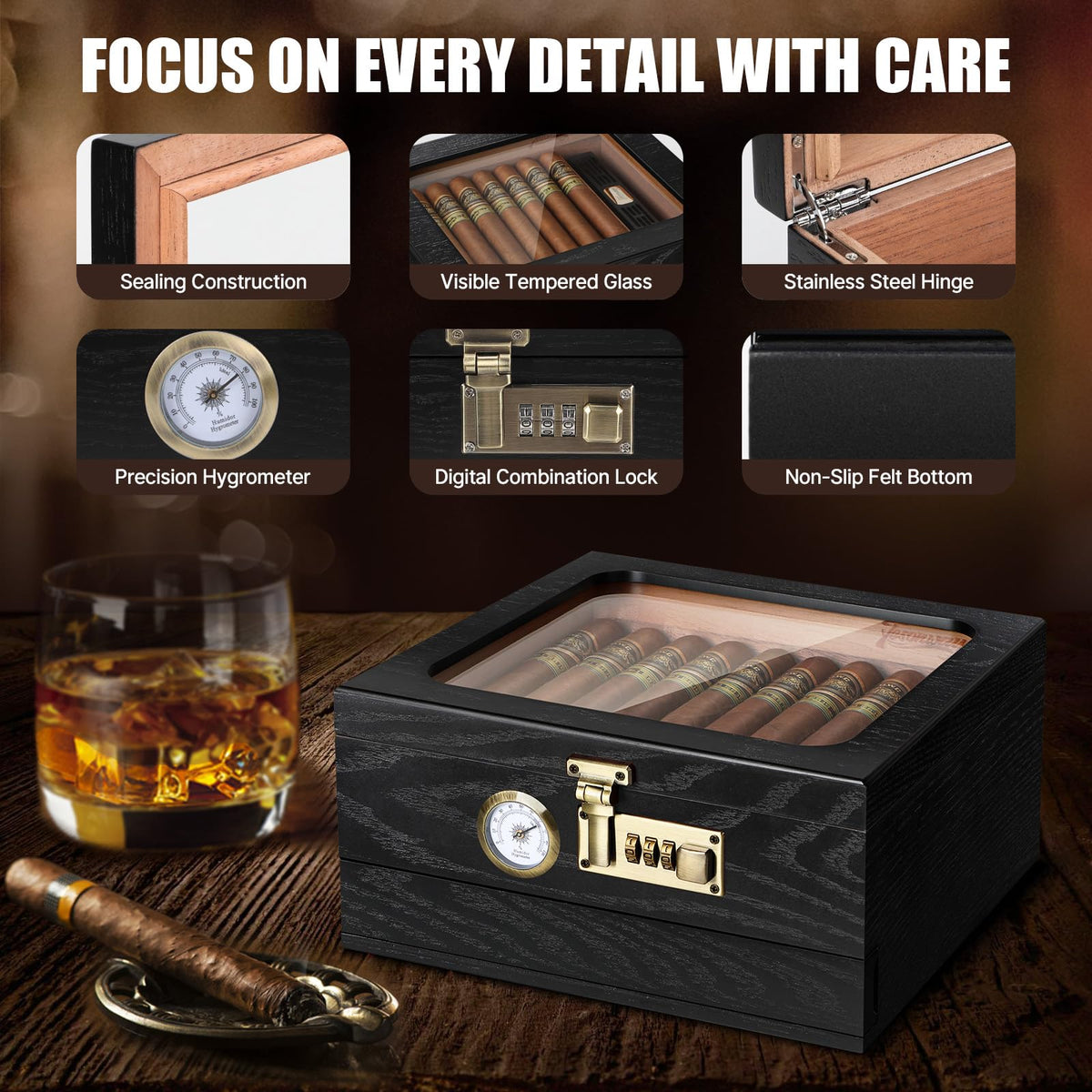 Tesonway Cigar Humidor, Cedar Wood Humidor Cigar Box, Glass Top Desktop Humidor with Front Hygrometer, Humidifier, Divider, Accessories Drawer and Combination Lock, Cigar Gifts for Men (Brown)