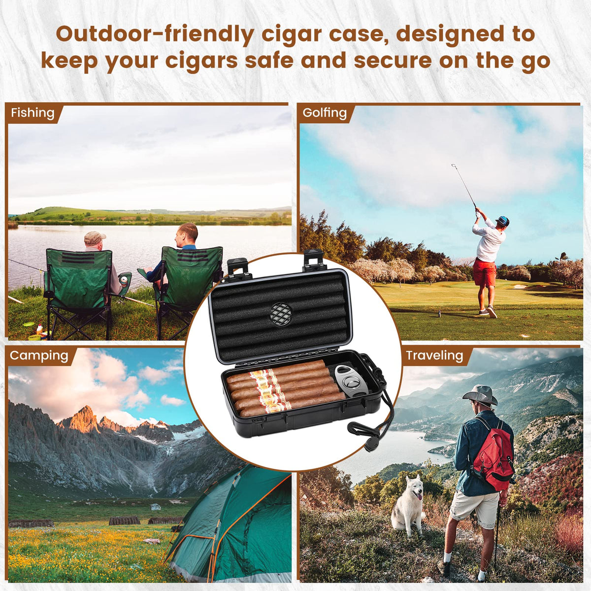 Flauno Travel Cigar Humidor Case - Portable Cigar Box with Humidifier Disc & Cigar Cutter | Waterproof | Crushproof | Airtight | Durable (Holds up to 5 Cigars)