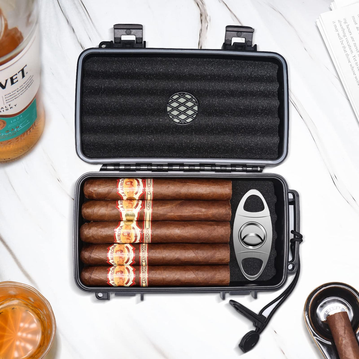 Flauno Travel Cigar Humidor Case - Portable Cigar Box with Humidifier Disc & Cigar Cutter | Waterproof | Crushproof | Airtight | Durable (Holds up to 5 Cigars)