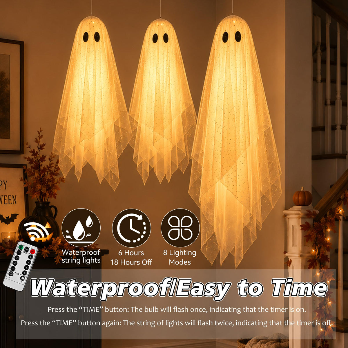 2Packs Halloween Decorations Outdoor,Halloweens Party Decoration Indoor,59in Spooky Ghost with Remote Control String Lights,Halloween-Ghost Lights for Porches Yards Gardens Lawn