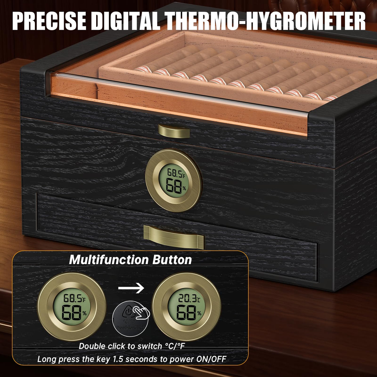 Tesonway Cigar Humidor, Cedar Wood Humidor Cigar Box, Glass Top Desktop Humidor with Front Hygrometer, Humidifier, Divider, Accessories Drawer and Combination Lock, Cigar Gifts for Men (Brown)