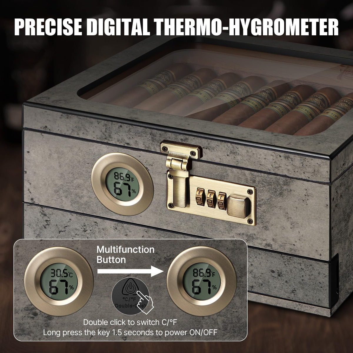 Tesonway Cigar Humidor, Cedar Wood Humidor Cigar Box, Glass Top Desktop Humidor with Front Hygrometer, Humidifier, Divider, Accessories Drawer and Combination Lock, Cigar Gifts for Men (Brown)