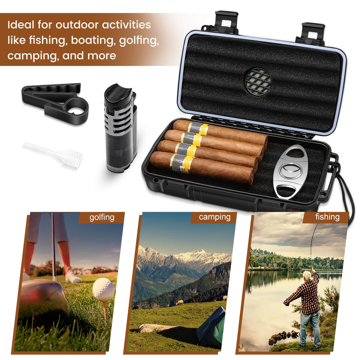 Flauno Travel Cigar Humidor Case - Portable Cigar Box with Humidifier Disc & Cigar Cutter | Waterproof | Crushproof | Airtight | Durable (Holds up to 5 Cigars)