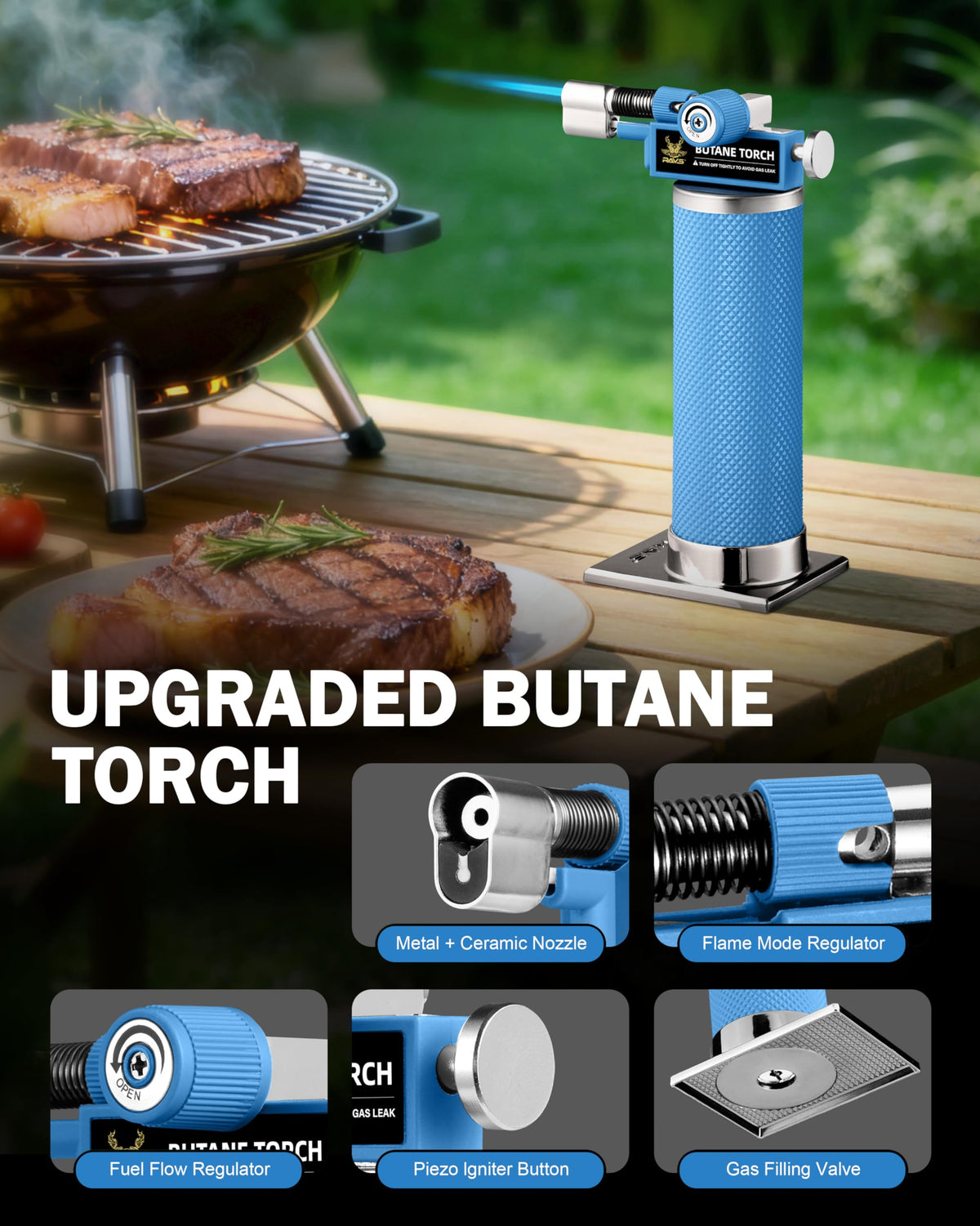 RAVS Butane Torch Lighter, DUAL Flame Mode Kitchen Torch, Refillable Cooking Torch Gun, Creme Brulee Torch Lighter, Blow Torch for Cooking, Welding, Mini Torch Soldering Torch, Butane is Not Included