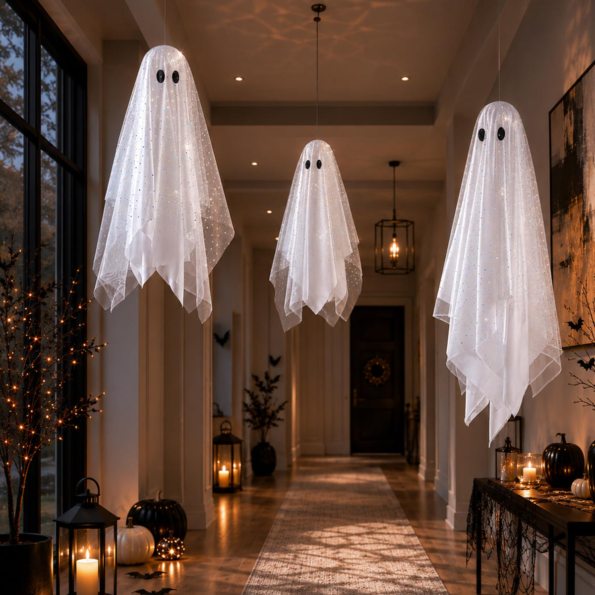 2Packs Halloween Decorations Outdoor,Halloweens Party Decoration Indoor,59in Spooky Ghost with Remote Control String Lights,Halloween-Ghost Lights for Porches Yards Gardens Lawn