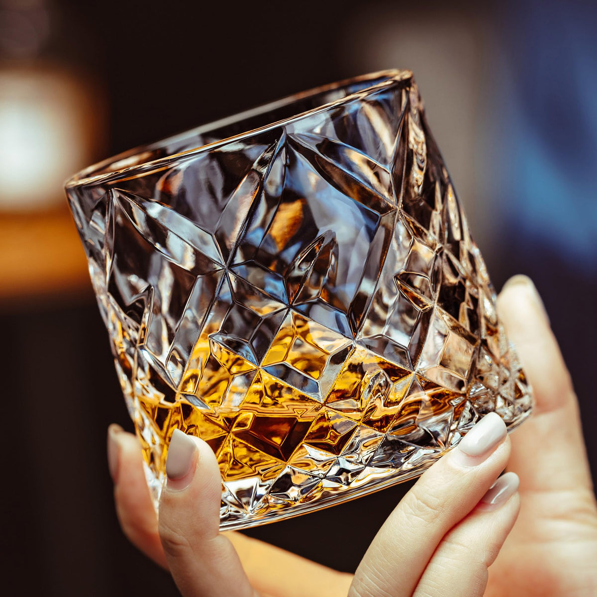 Spinning Whiskey Glasses Set of 4, 9.5 oz with Rotating Bases, Whiskey Gift
