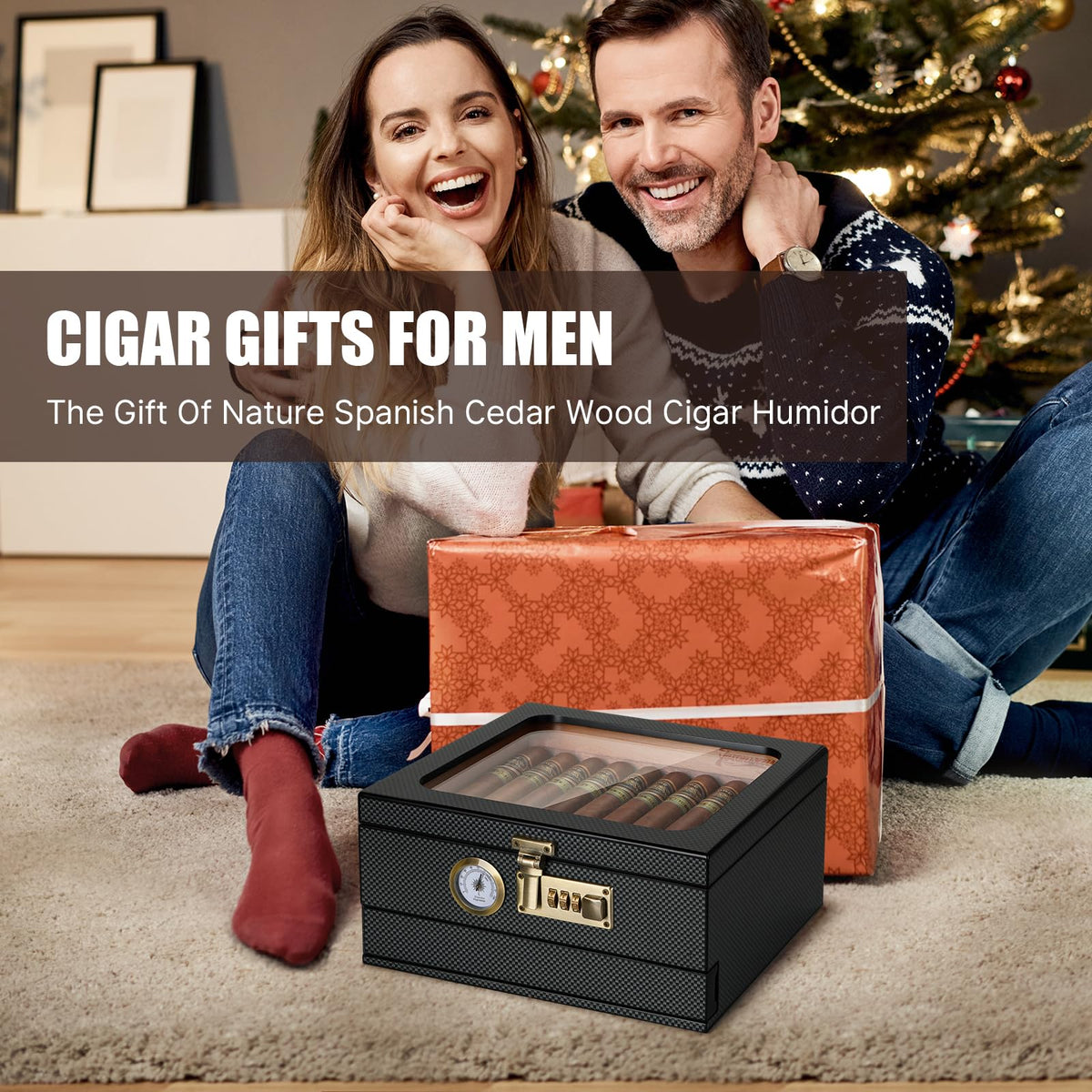 Tesonway Cigar Humidor, Cedar Wood Humidor Cigar Box, Glass Top Desktop Humidor with Front Hygrometer, Humidifier, Divider, Accessories Drawer and Combination Lock, Cigar Gifts for Men (Brown)