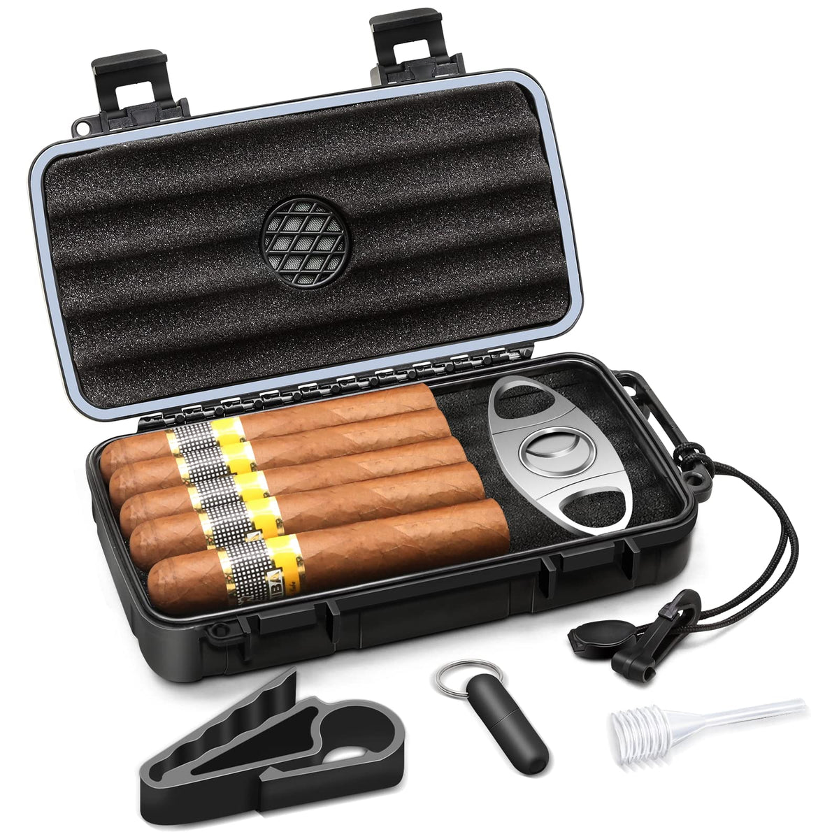 Flauno Travel Cigar Humidor Case - Portable Cigar Box with Humidifier Disc & Cigar Cutter | Waterproof | Crushproof | Airtight | Durable (Holds up to 5 Cigars)