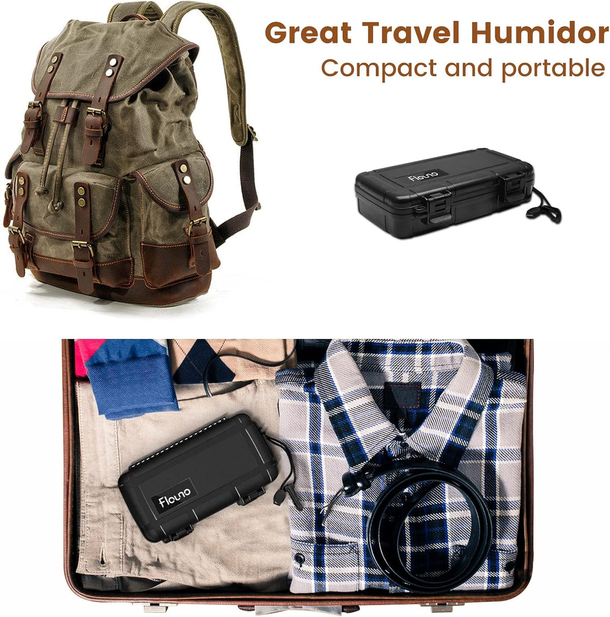 Flauno Travel Cigar Humidor Case - Portable Cigar Box with Humidifier Disc & Cigar Cutter | Waterproof | Crushproof | Airtight | Durable (Holds up to 5 Cigars)
