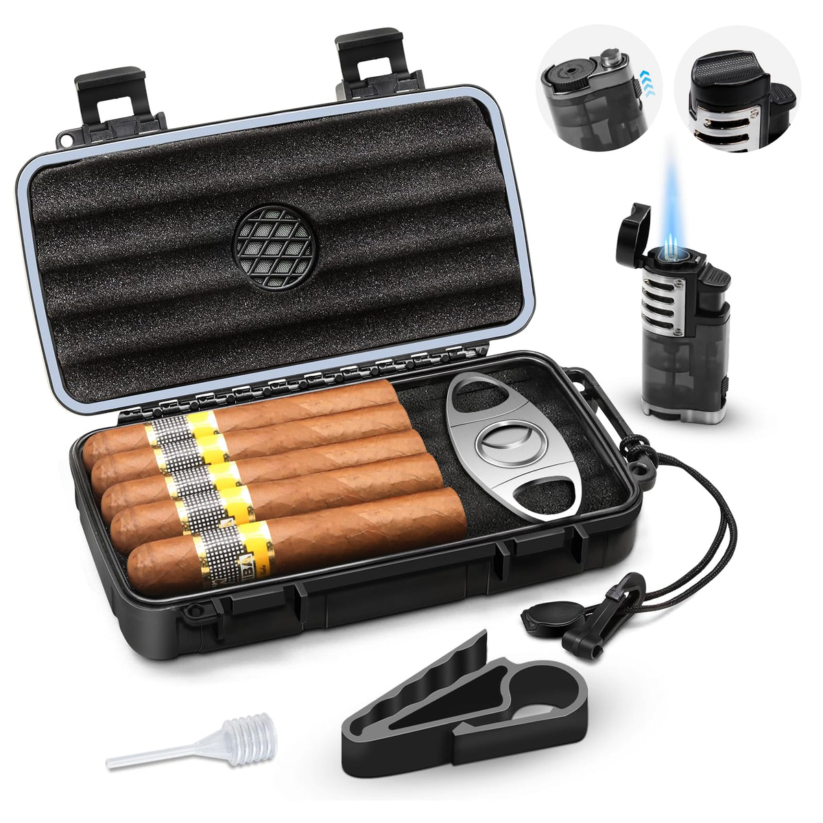 Flauno Travel Cigar Humidor Case - Portable Cigar Box with Humidifier Disc & Cigar Cutter | Waterproof | Crushproof | Airtight | Durable (Holds up to 5 Cigars)