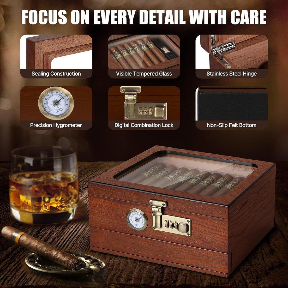 Tesonway Cigar Humidor, Cedar Wood Humidor Cigar Box, Glass Top Desktop Humidor with Front Hygrometer, Humidifier, Divider, Accessories Drawer and Combination Lock, Cigar Gifts for Men (Brown)