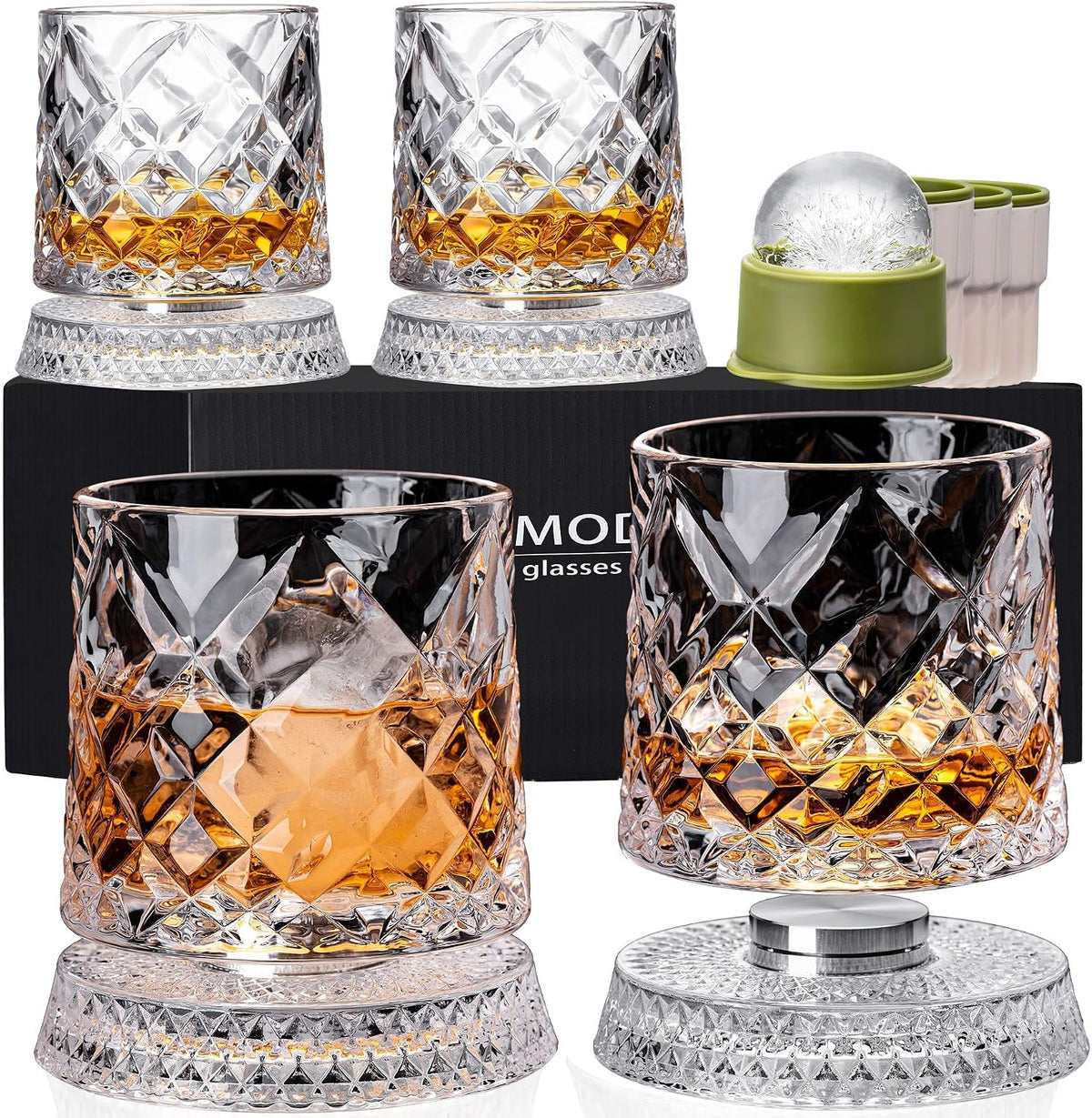 Spinning Whiskey Glasses Set of 4, 9.5 oz with Rotating Bases, Whiskey Gift
