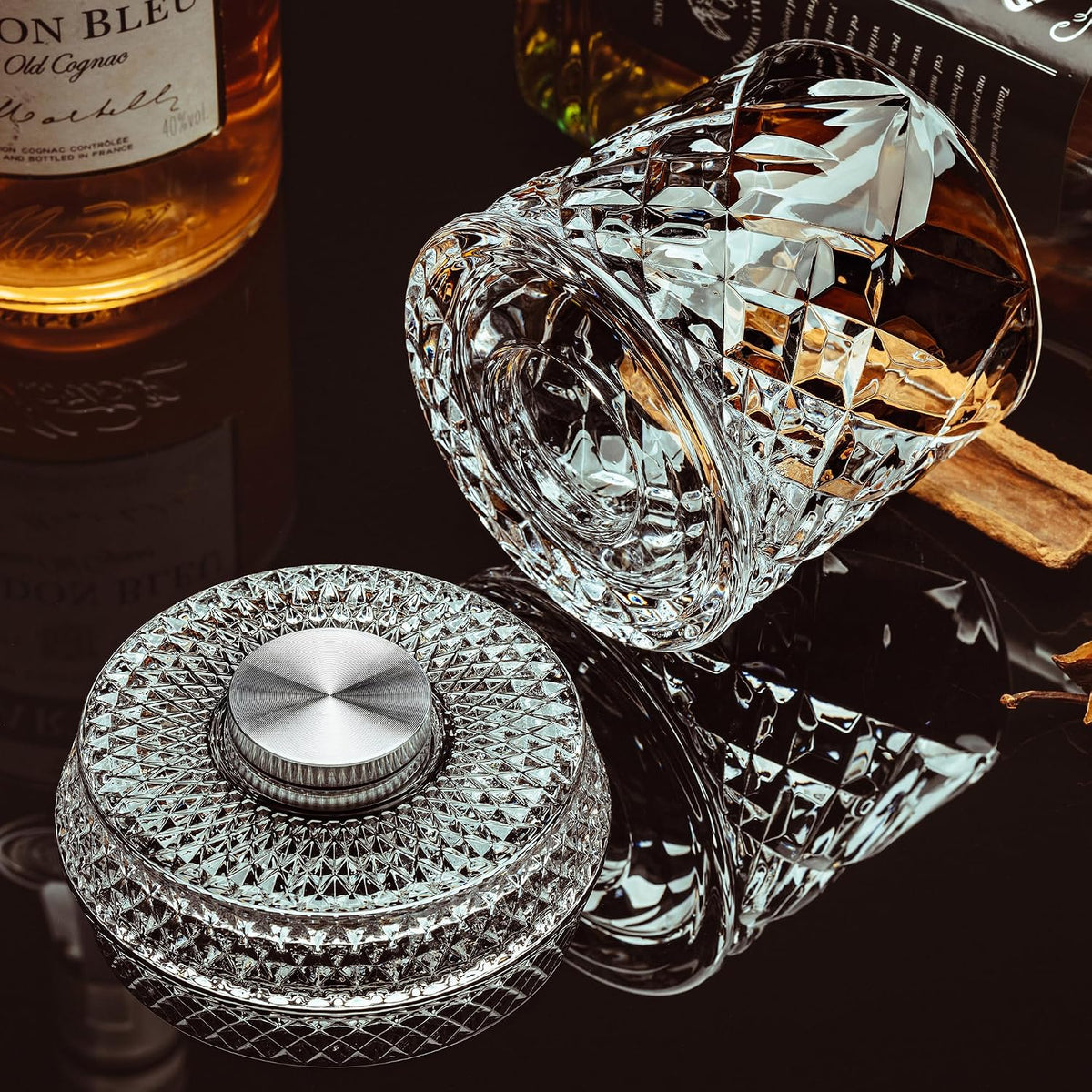 Spinning Whiskey Glasses Set of 4, 9.5 oz with Rotating Bases, Whiskey Gift