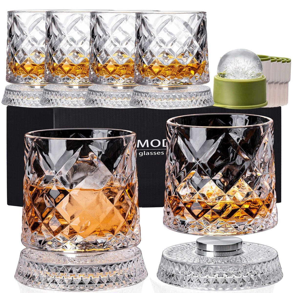 Spinning Whiskey Glasses Set of 4, 9.5 oz with Rotating Bases, Whiskey Gift