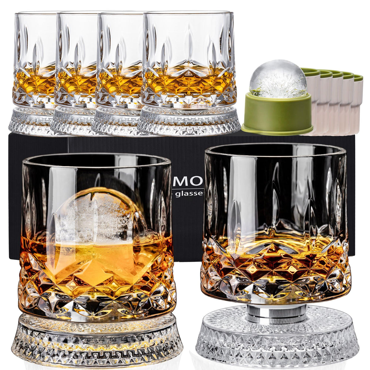 Spinning Whiskey Glasses Set of 4, 9.5 oz with Rotating Bases, Whiskey Gift