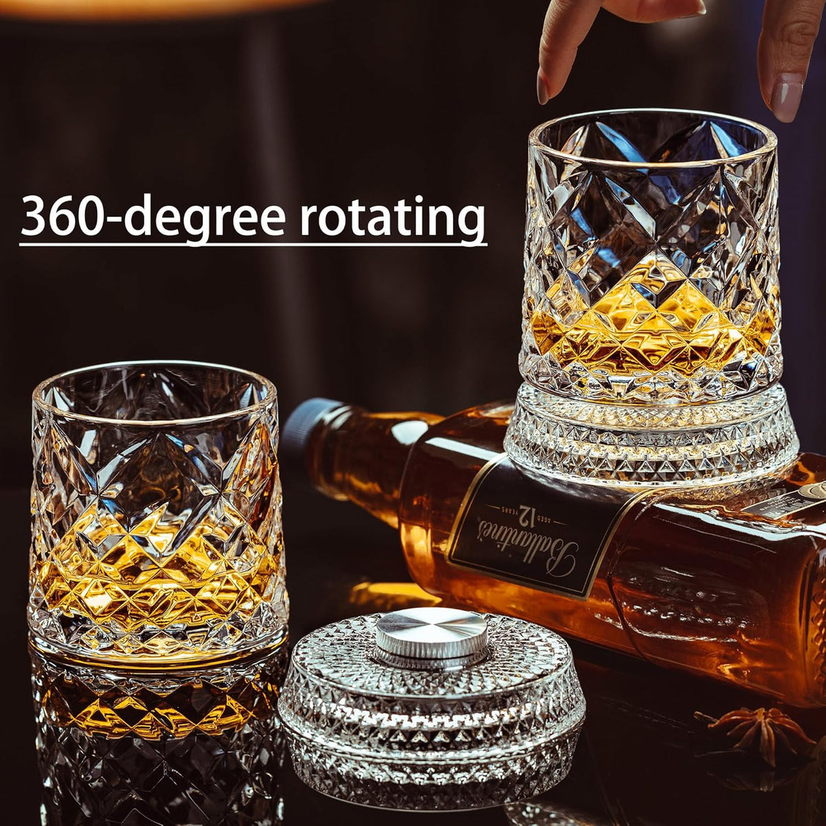 Spinning Whiskey Glasses Set of 4, 9.5 oz with Rotating Bases, Whiskey Gift