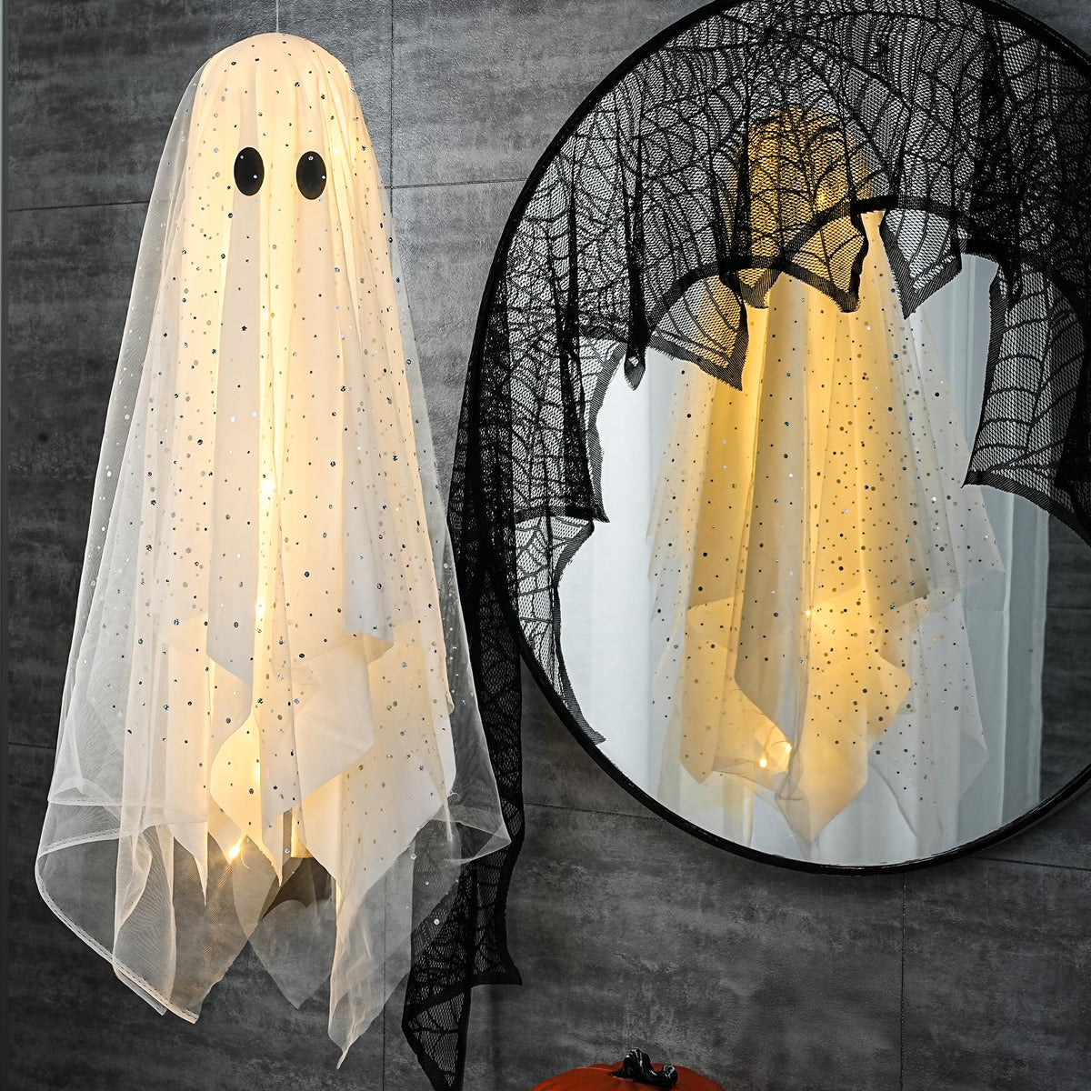 2Packs Halloween Decorations Outdoor,Halloweens Party Decoration Indoor,59in Spooky Ghost with Remote Control String Lights,Halloween-Ghost Lights for Porches Yards Gardens Lawn