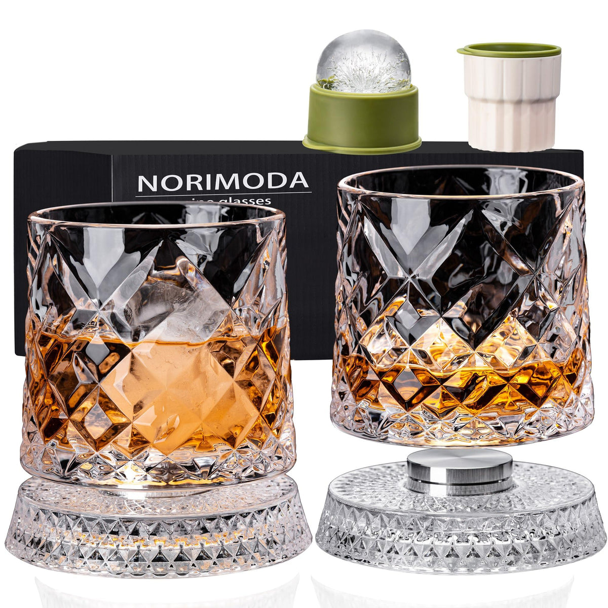 Spinning Whiskey Glasses Set of 4, 9.5 oz with Rotating Bases, Whiskey Gift