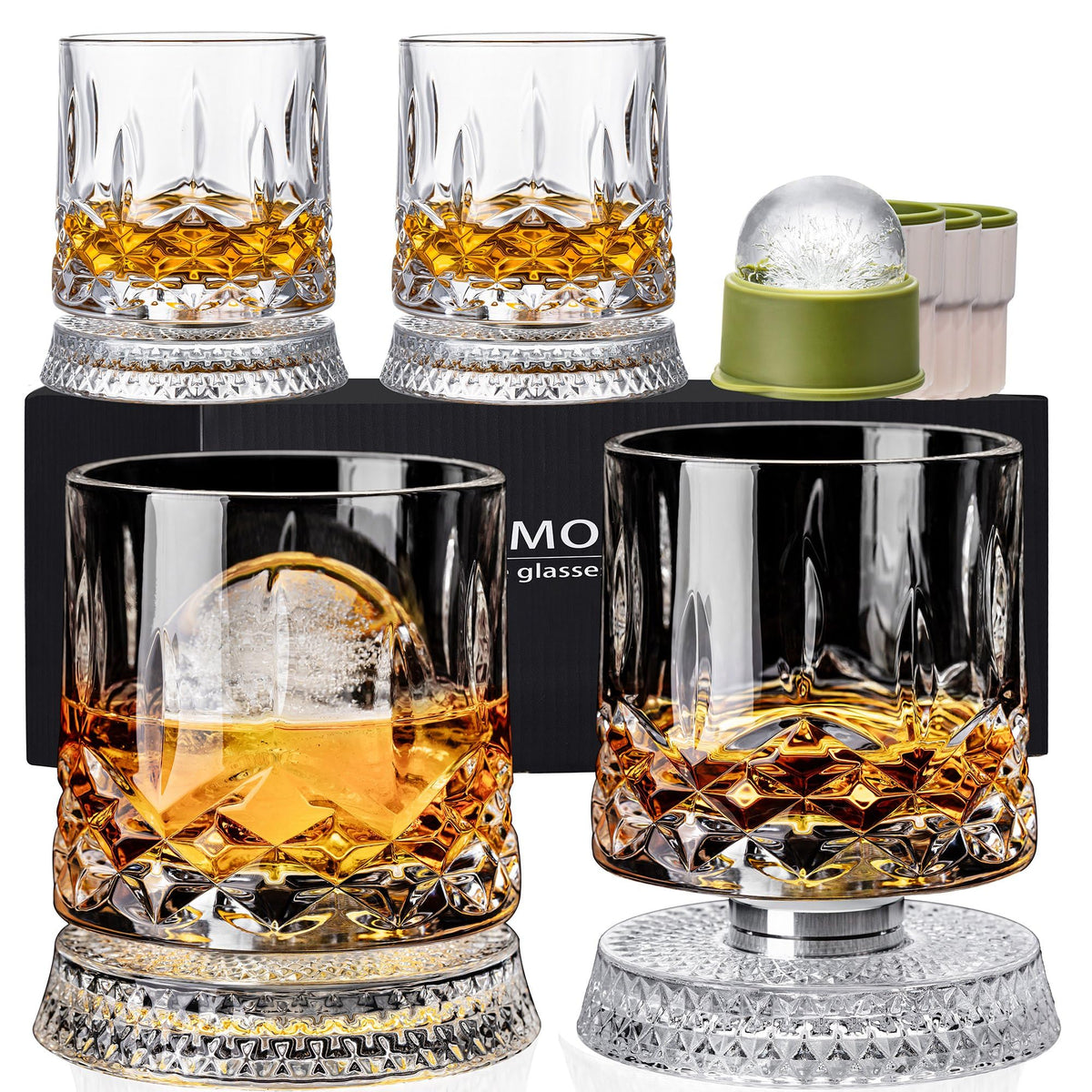 Spinning Whiskey Glasses Set of 4, 9.5 oz with Rotating Bases, Whiskey Gift
